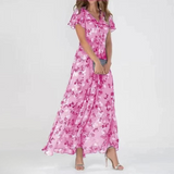 Chiffon Maxikleed met V-hals & bloemenpatroon – Elegant & Luchtig