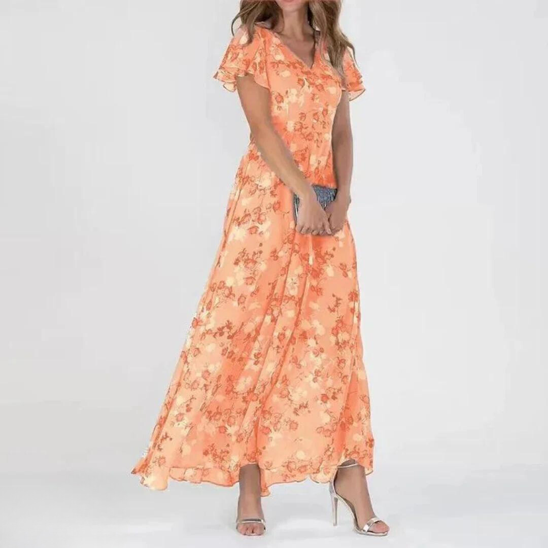 Chiffon Maxikleed met V-hals & bloemenpatroon – Elegant & Luchtig