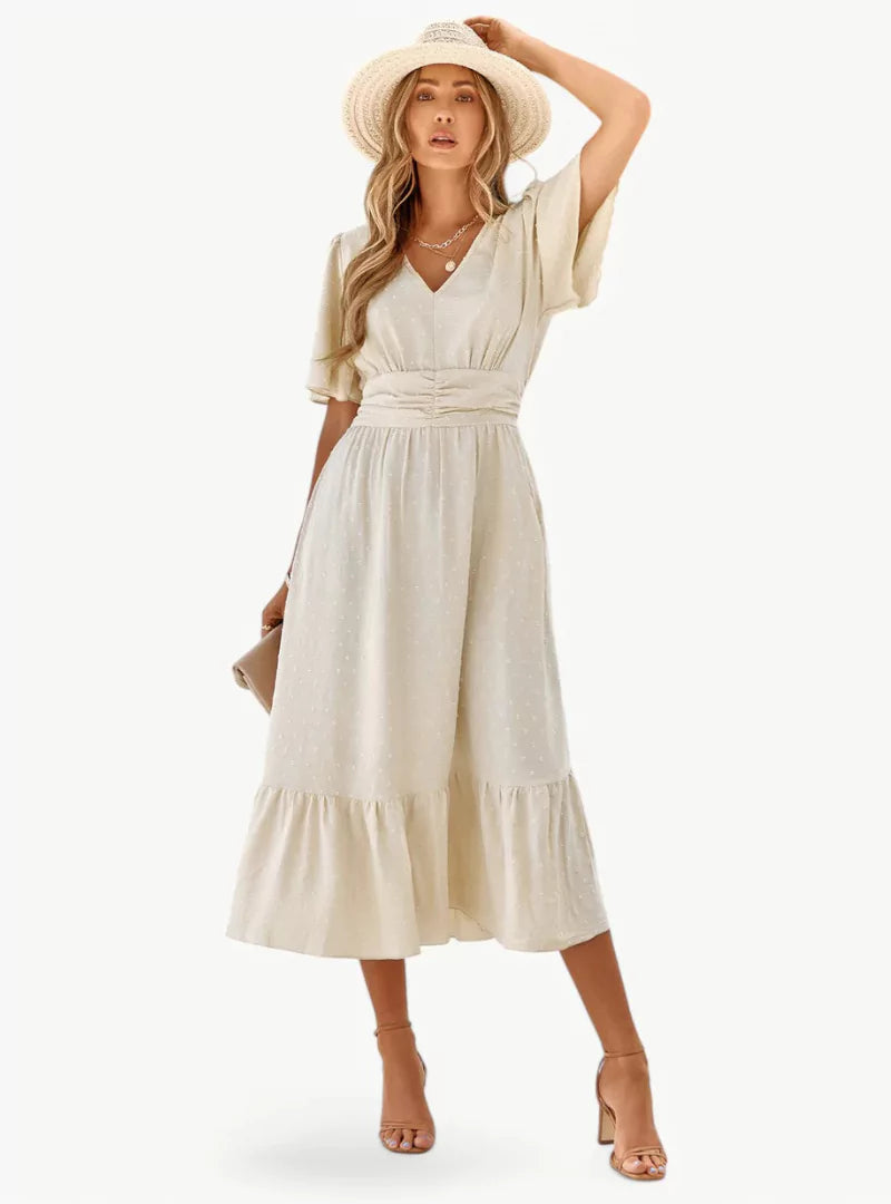 Midi-zomerjurk met V-hals en tailleaccentuering – Losse & Vrouwelijke