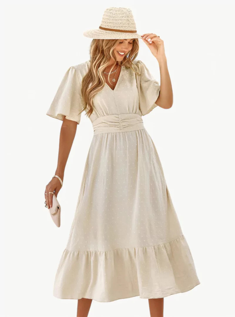 Midi-zomerjurk met V-hals en tailleaccentuering – Losse & Vrouwelijke