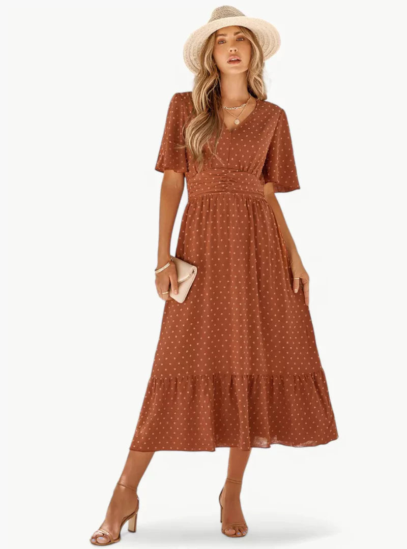 Midi-zomerjurk met V-hals en tailleaccentuering – Losse & Vrouwelijke