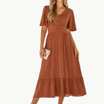 Midi-zomerjurk met V-hals en tailleaccentuering – Losse & Vrouwelijke