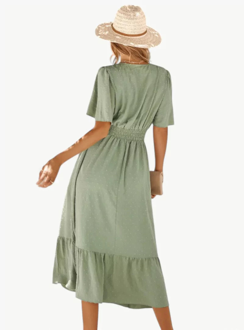 Midi-zomerjurk met V-hals en tailleaccentuering – Losse & Vrouwelijke