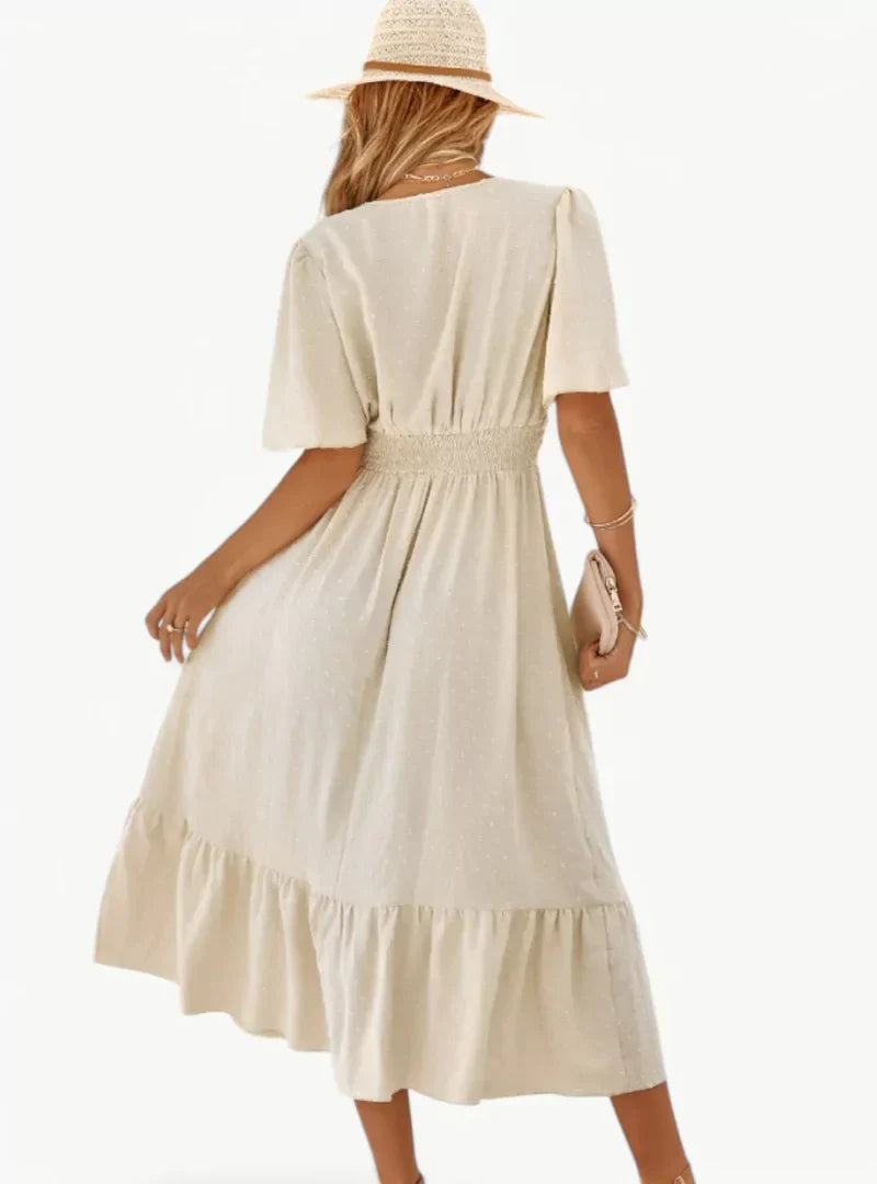 Midi-zomerjurk met V-hals en tailleaccentuering – Losse & Vrouwelijke