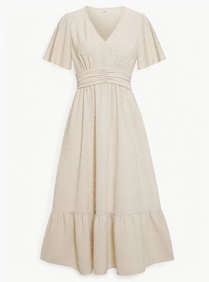 Midi-zomerjurk met V-hals en tailleaccentuering – Losse & Vrouwelijke