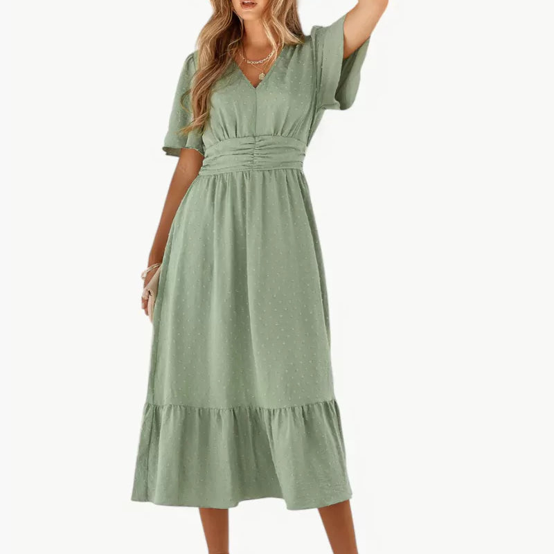 Midi-zomerjurk met V-hals en tailleaccentuering – Losse & Vrouwelijke