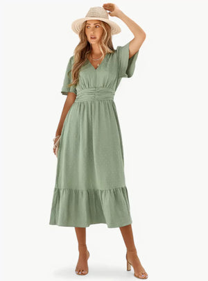 Midi-zomerjurk met V-hals en tailleaccentuering – Losse & Vrouwelijke