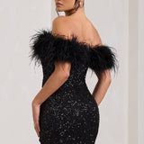Sara | Pailletten-Minikleed met Off-Shoulder Verenafwerking