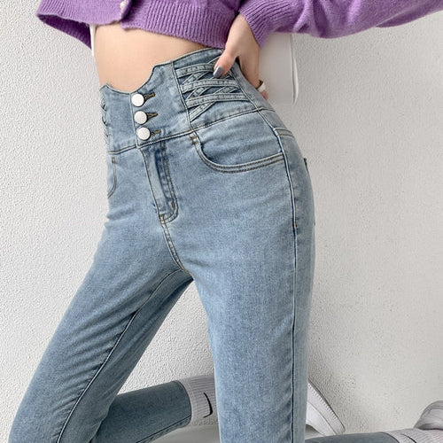 Dames Skinny Jeans – Hoge Taille Jeans met Vintage Knoopsluiting en Stretch