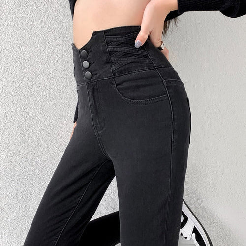 Dames Skinny Jeans – Hoge Taille Jeans met Vintage Knoopsluiting en Stretch