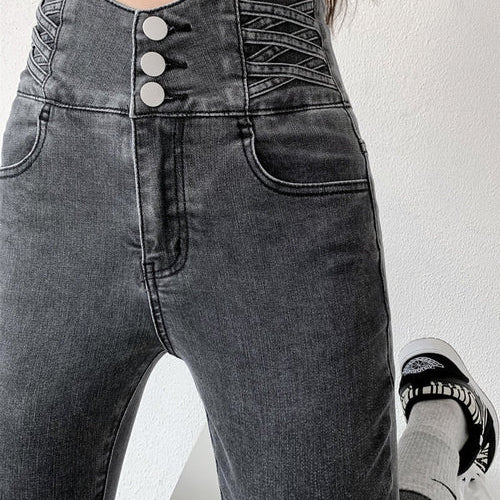 Dames Skinny Jeans – Hoge Taille Jeans met Vintage Knoopsluiting en Stretch