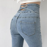 Dames Skinny Jeans – Hoge Taille Jeans met Vintage Knoopsluiting en Stretch