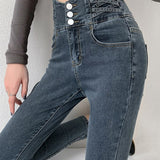 Dames Skinny Jeans – Hoge Taille Jeans met Vintage Knoopsluiting en Stretch