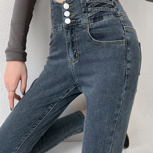Dames Skinny Jeans – Hoge Taille Jeans met Vintage Knoopsluiting en Stretch