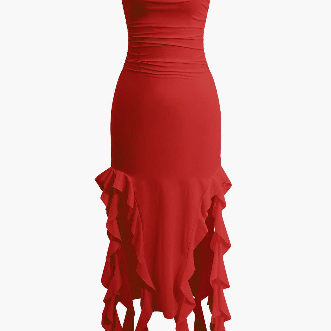 Sofia | Elegante Bandeau-Maxikleed met Volant-Details – Tijdloze Raffinement