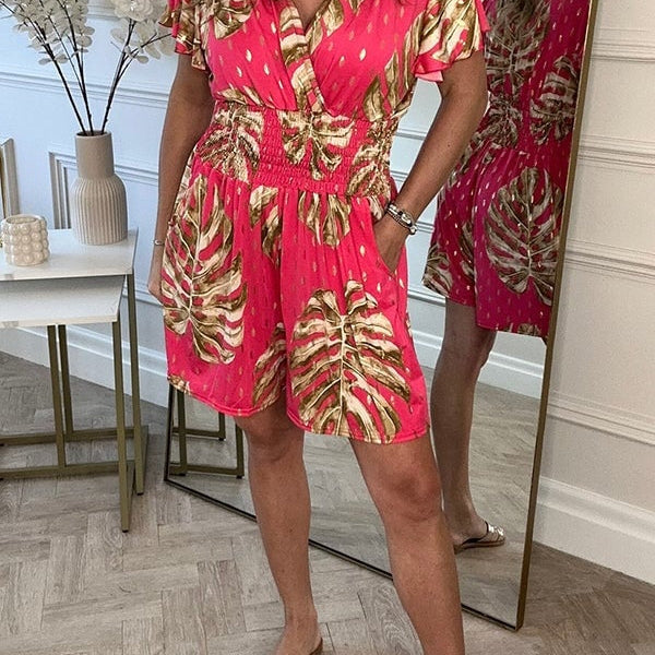 Korte Zomerjurk met Tropische Print & Smoktaille – Luchtig & Casual