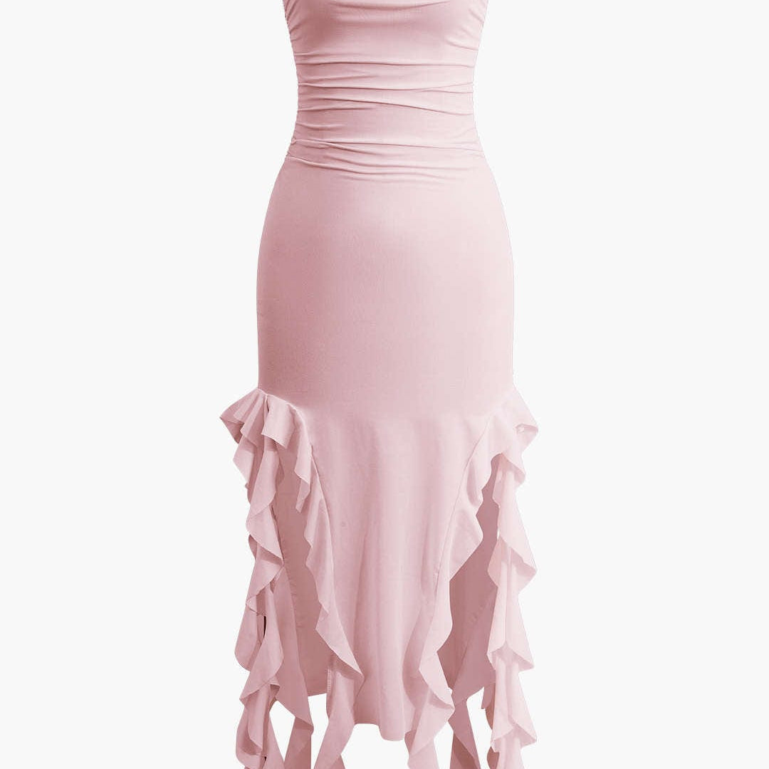 Sofia | Elegante Bandeau-Maxikleed met Volant-Details – Tijdloze Raffinement