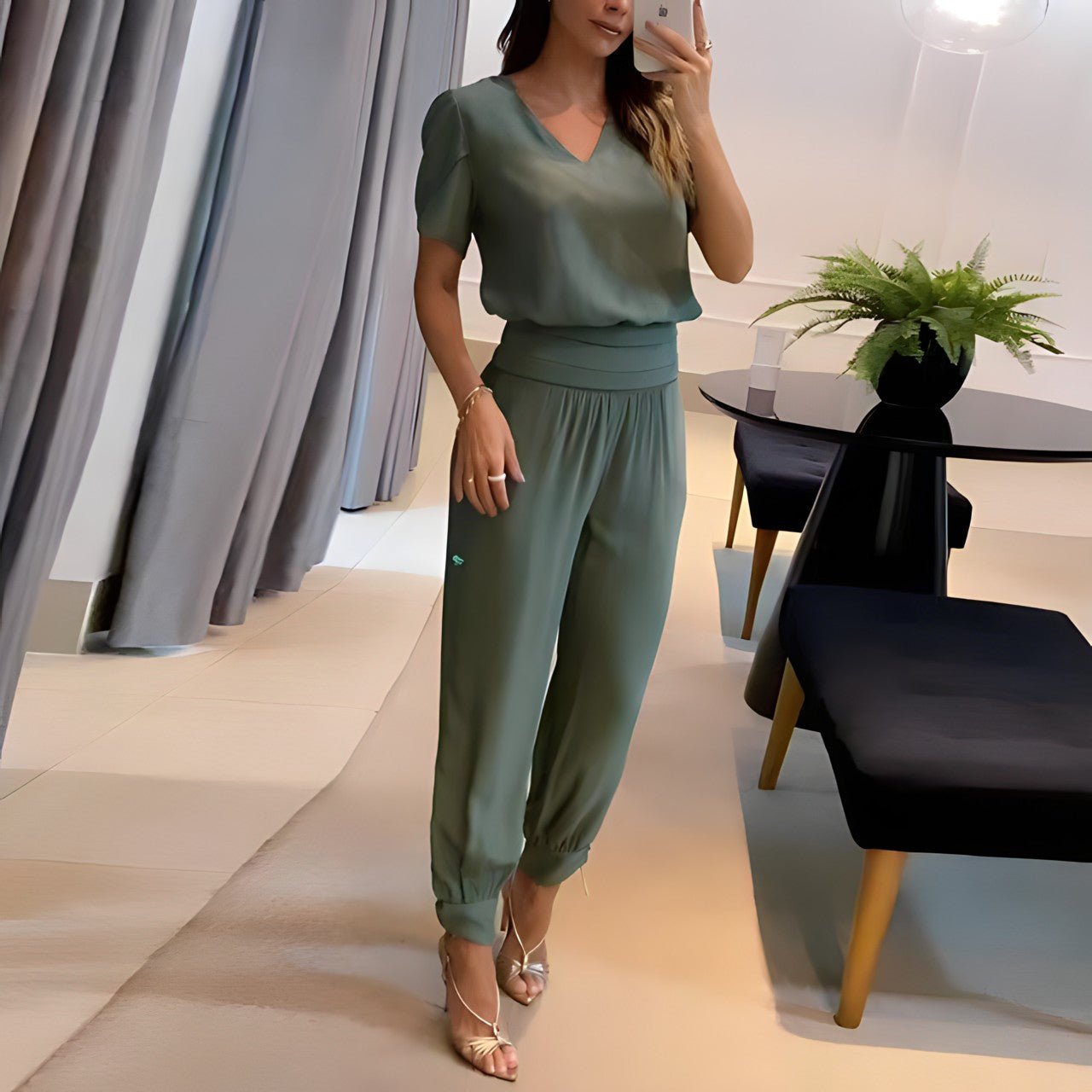 UrbanElegance dames set – blouse met pofmouwen & broek met elastische taille