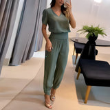 UrbanElegance dames set – blouse met pofmouwen & broek met elastische taille