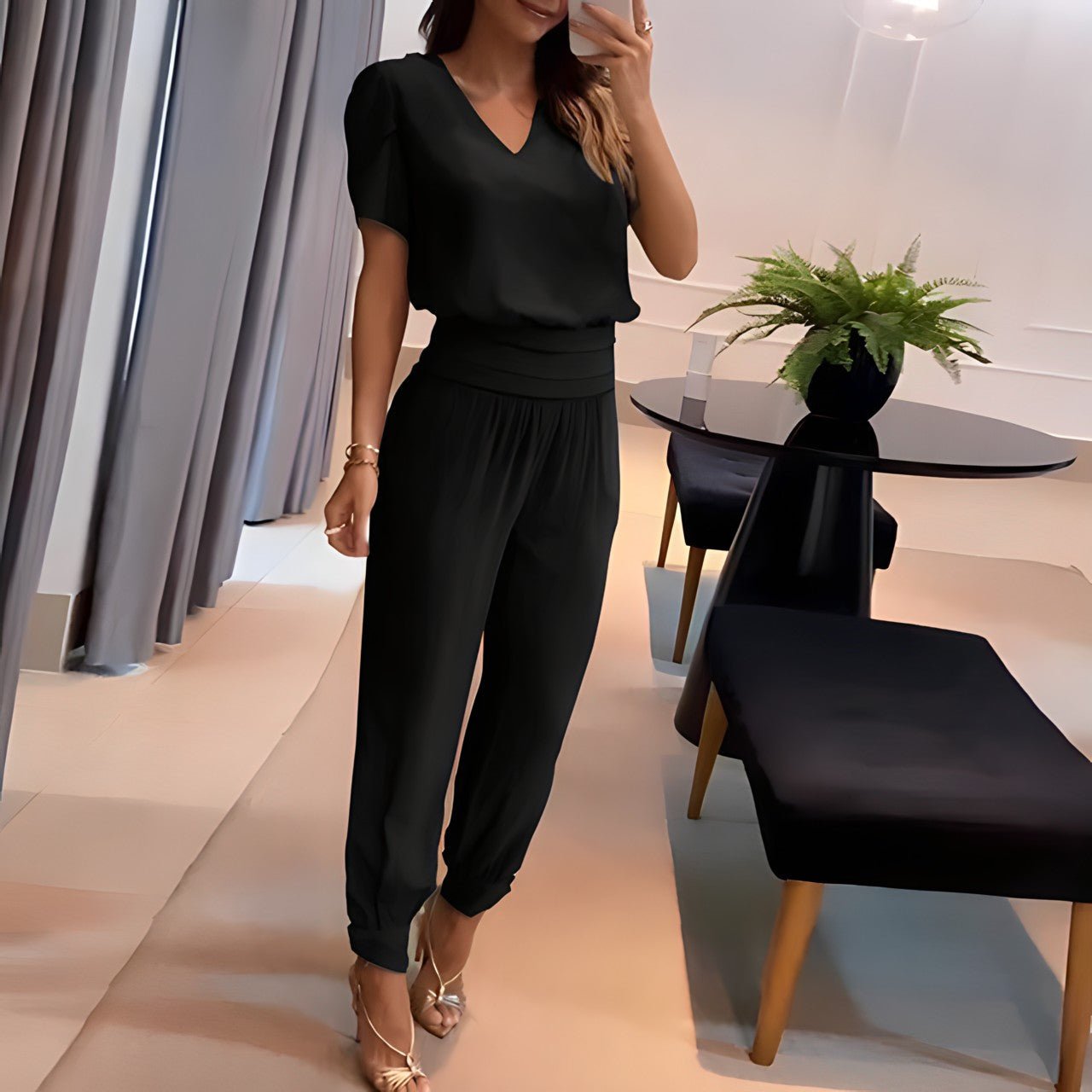 UrbanElegance dames set – blouse met pofmouwen & broek met elastische taille
