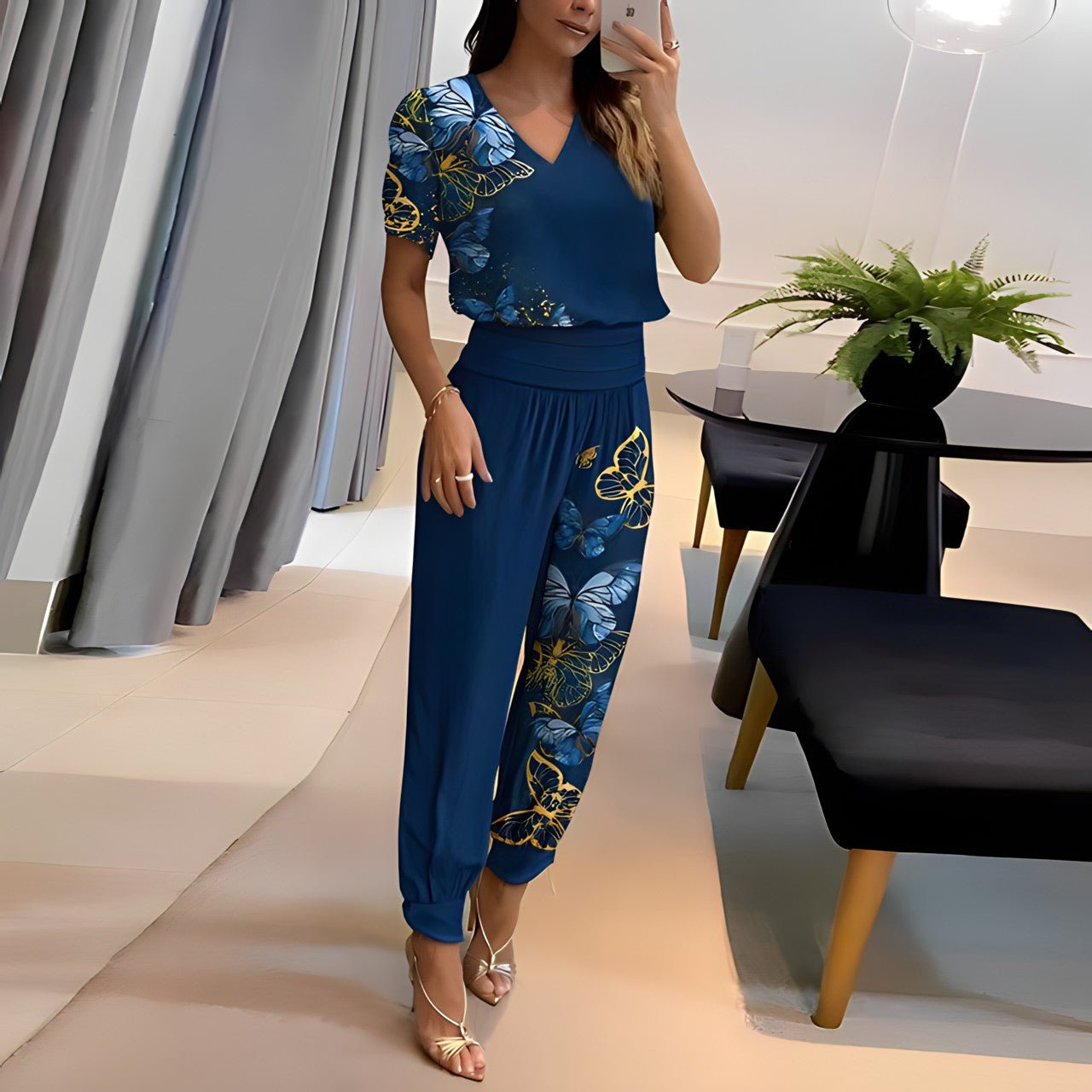 UrbanElegance dames set – blouse met pofmouwen & broek met elastische taille