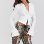 Annalena | Trendy Witte Lange Mouwen Corset Top met Vetersluiting