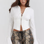 Annalena | Trendy Witte Lange Mouwen Corset Top met Vetersluiting