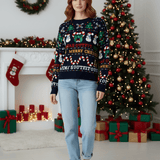 Dames Cropped Jacquard Gebreide Trui met Feestelijke Graphic