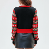 Dames Cropped Brei Trui met Grafische Voorkant en Patroon Mouwen