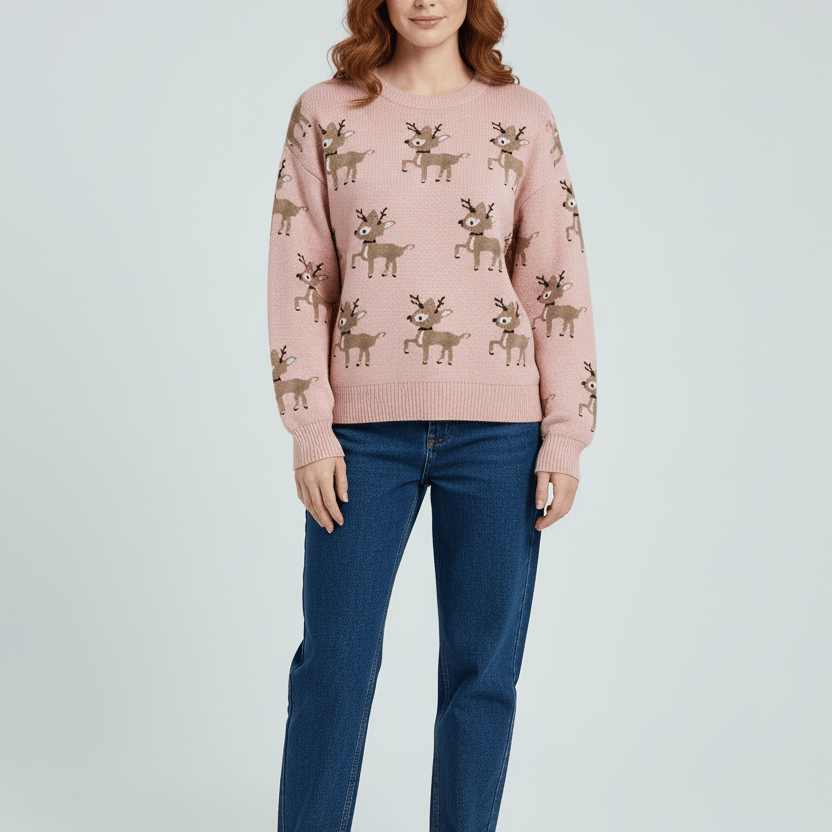 Dames Oversized Jacquard Gebreide Trui met Hertpatroon