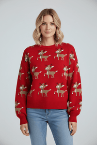 Dames Oversized Jacquard Gebreide Trui met Hertpatroon