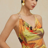 Mira | Asymmetrische Zijsplit Halter-Neck Mini-jurk met Kunstprint