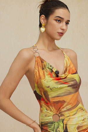 Mira | Asymmetrische Zijsplit Halter-Neck Mini-jurk met Kunstprint