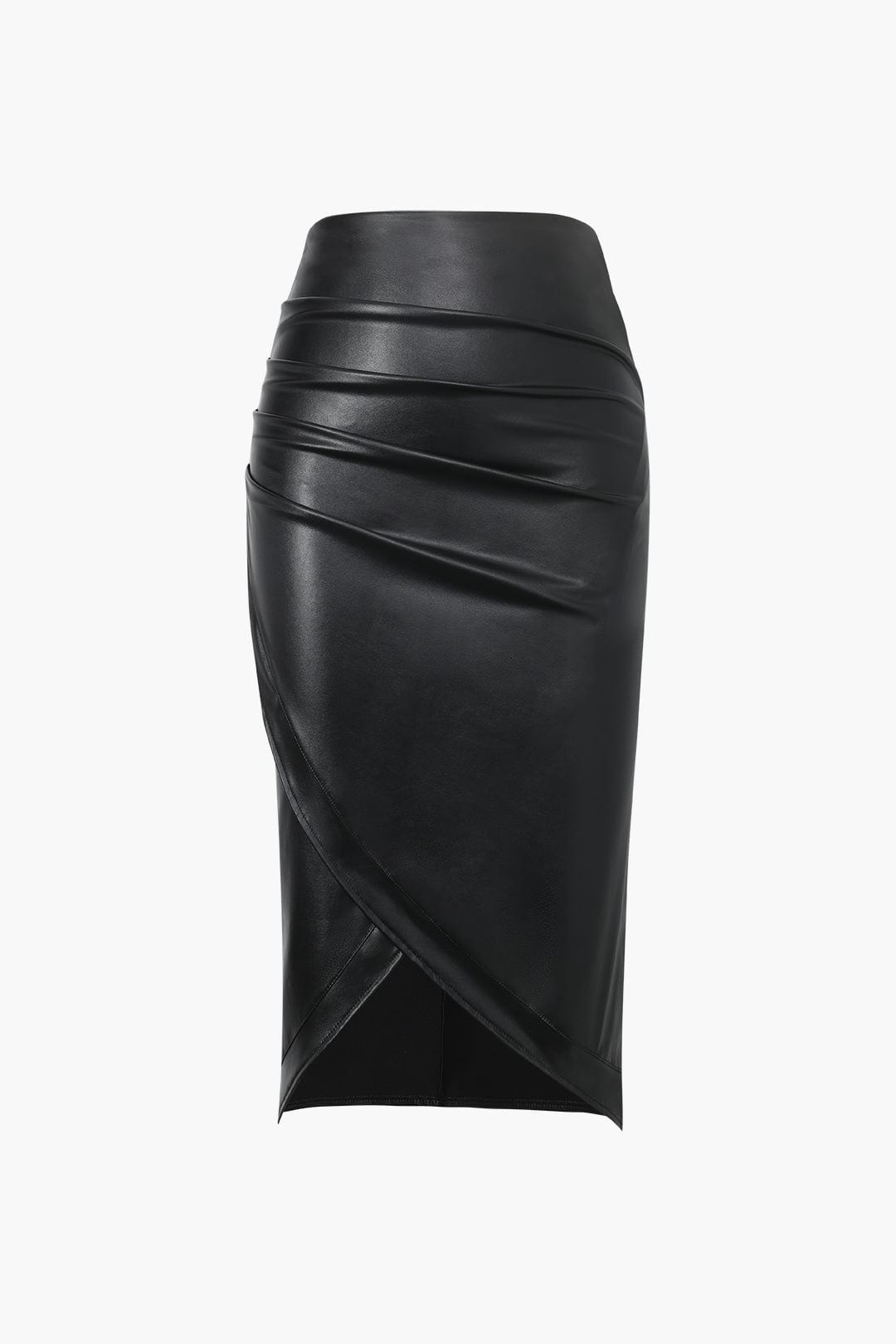 Edwina | Figurbetonende Kunstlederen Midirok met Asymmetrische Wickeloptiek