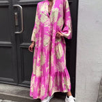 Maxi-jurk met print, volantmouwen & staande kraag – Stijlvol & Luchtig