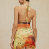 Mira | Asymmetrische Zijsplit Halter-Neck Mini-jurk met Kunstprint