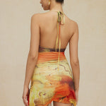 Mira | Asymmetrische Zijsplit Halter-Neck Mini-jurk met Kunstprint