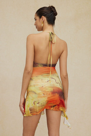 Mira | Asymmetrische Zijsplit Halter-Neck Mini-jurk met Kunstprint