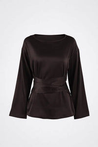 Elegante satijnen damesblouse met strik en lange mouwen