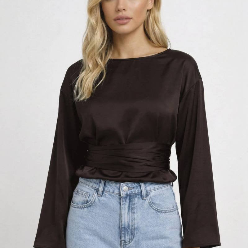 Elegante satijnen damesblouse met strik en lange mouwen