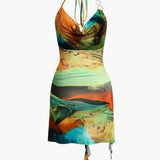 Mira | Asymmetrische Zijsplit Halter-Neck Mini-jurk met Kunstprint