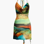 Mira | Asymmetrische Zijsplit Halter-Neck Mini-jurk met Kunstprint