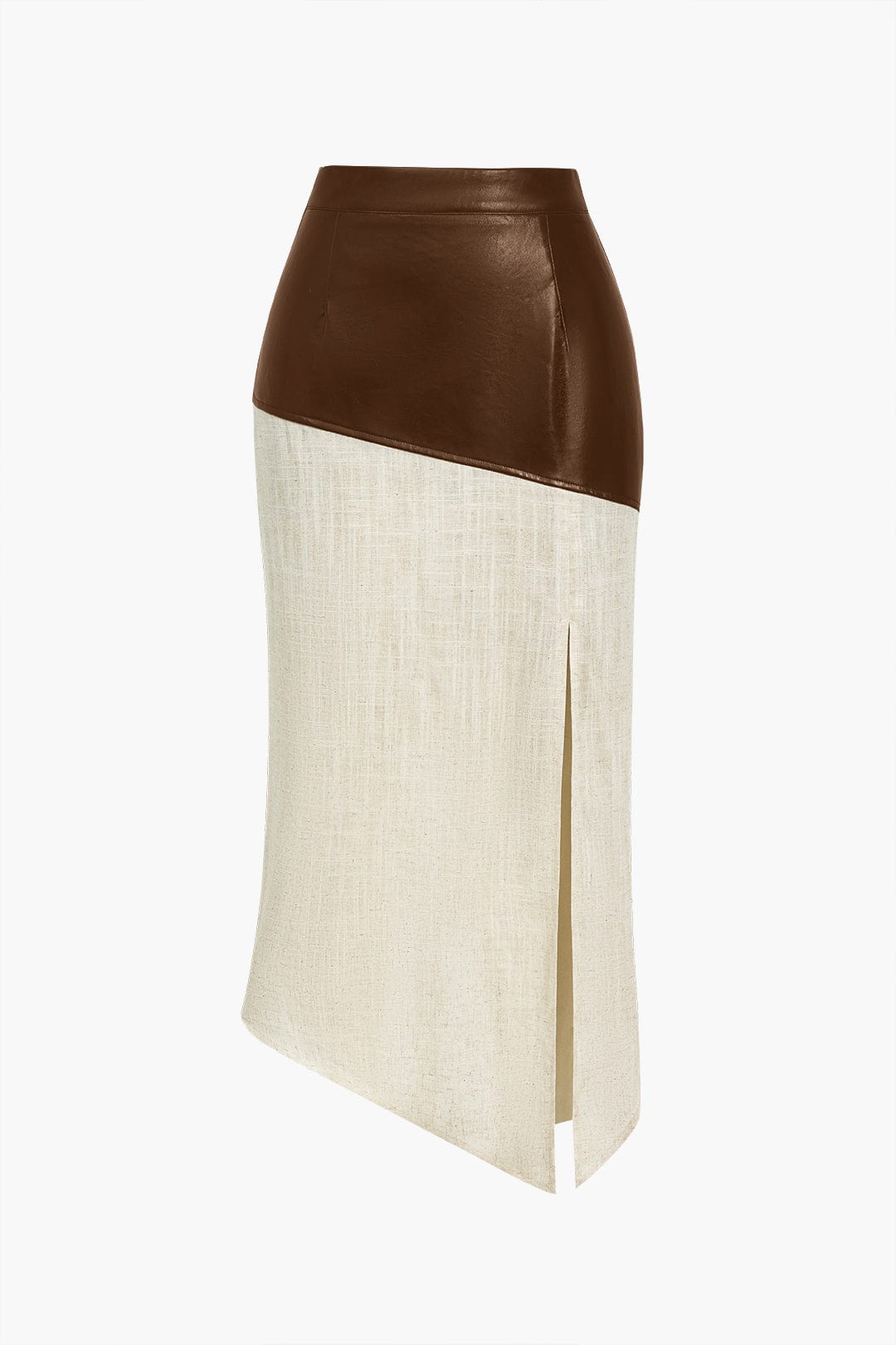 Danica | Elegante Midirok met asymmetrisch Kunstleer en Linnen-Design