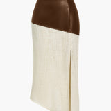 Danica | Elegante Midirok met asymmetrisch Kunstleer en Linnen-Design