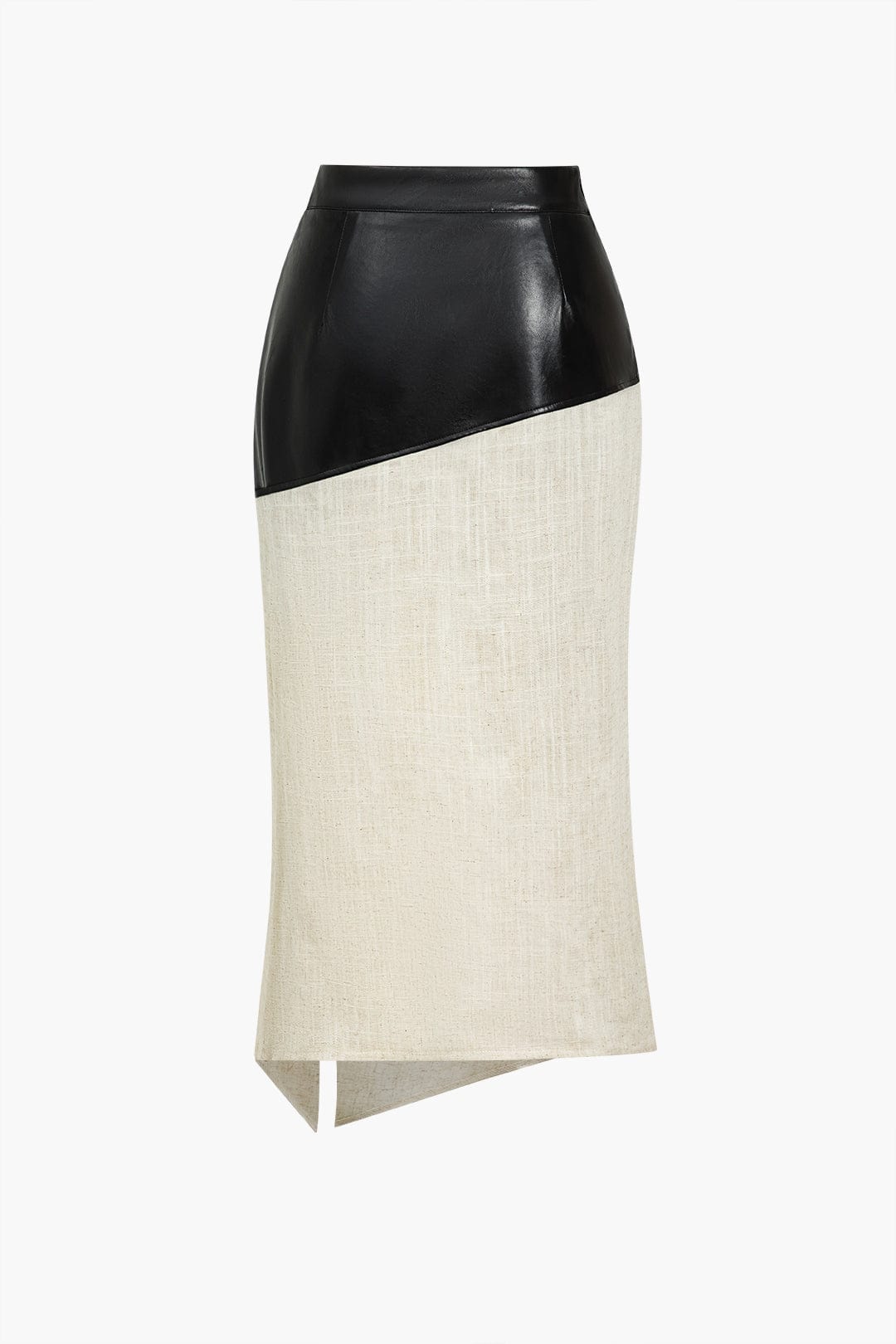 Danica | Elegante Midirok met asymmetrisch Kunstleer en Linnen-Design