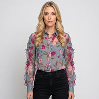 Bloemenprint Blouse met Transparante Mouwen