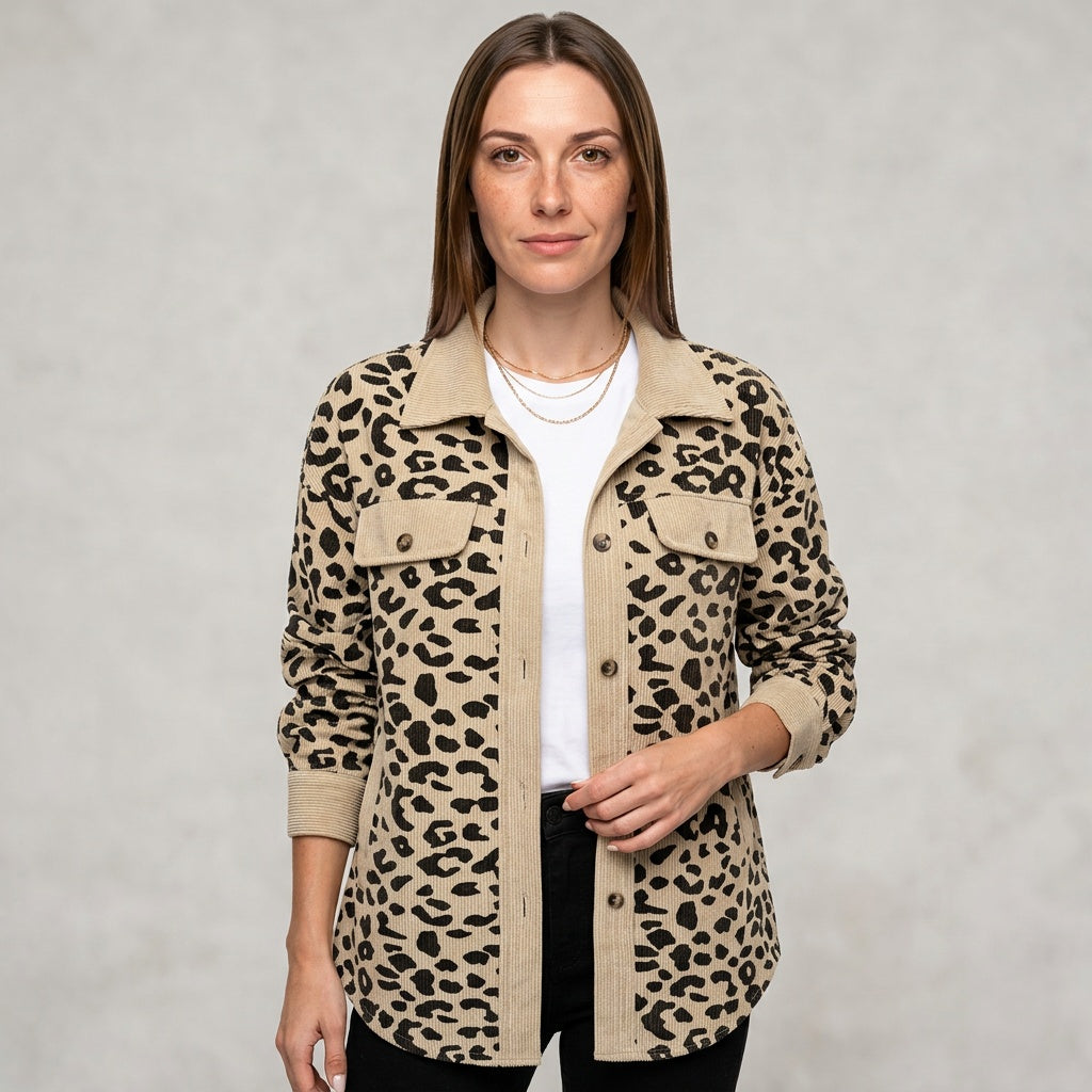 Luipaardprint Denim Jas met Knopen
