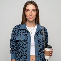 Luipaardprint Denim Jas met Knopen