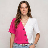 Tweekleurige Blouse met Knopen en Korte Mouwen