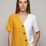 Tweekleurige Blouse met Knopen en Korte Mouwen